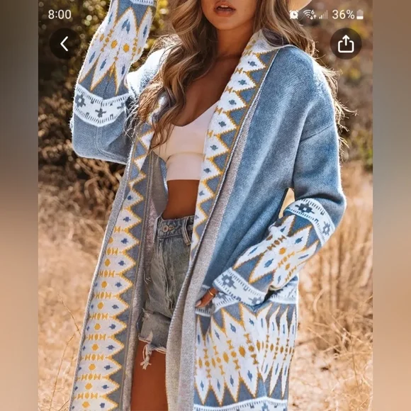 Gorgeous Fabulous Aztec Print Knit Cardigan, Vintage Long Sleeve Sweater NWT NEW - Picture 5 of 6